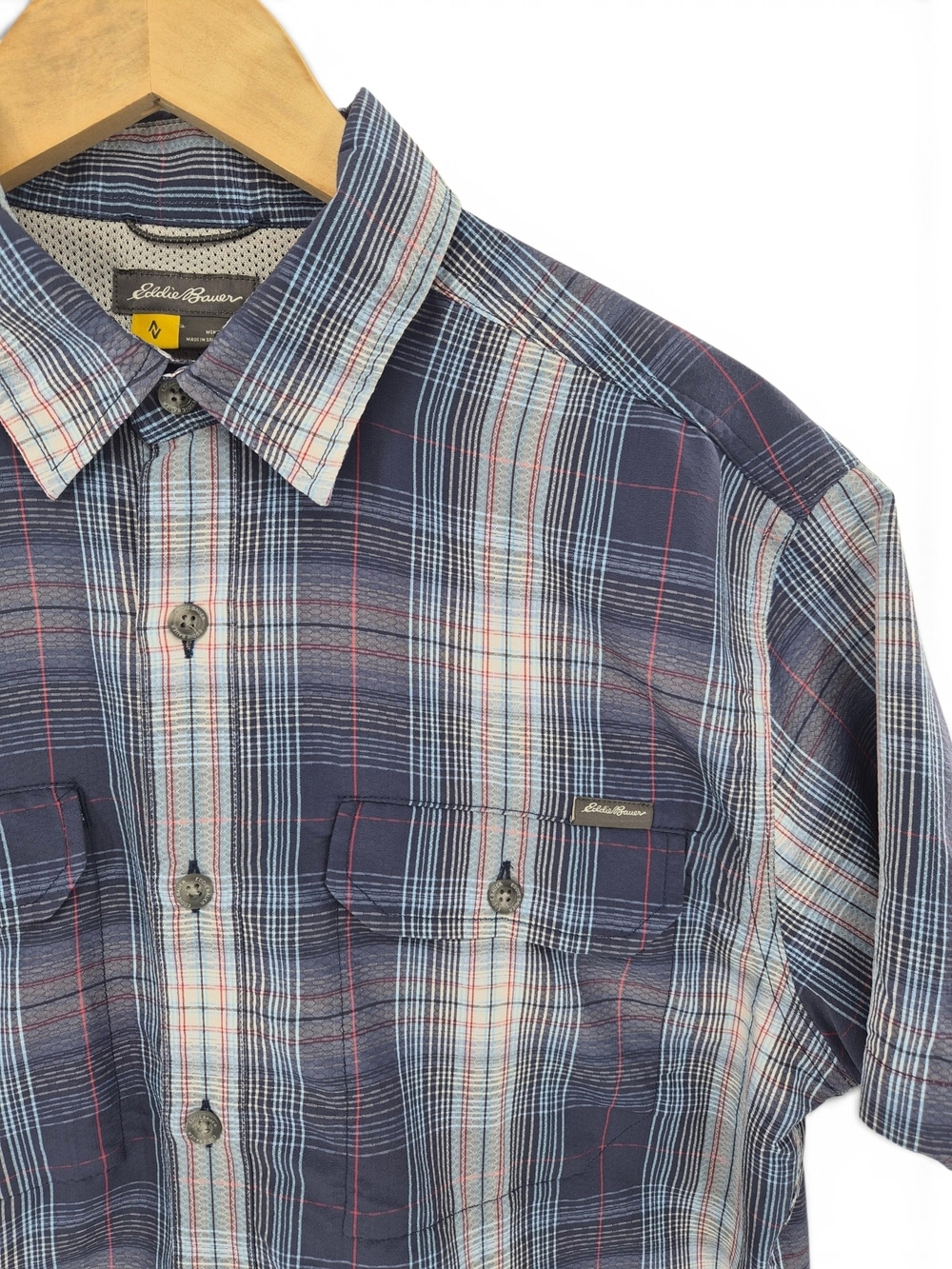 Eddie Bauer Travex Fishing Shirt M Blue Plaid Hiking Camping Travel Performance - Picture 3 of 8